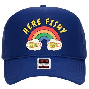 Here Fishy Fishy Fishy Funny Retro Rainbow High Crown Mesh Back Trucker Hat