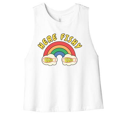 Here Fishy Fishy Fishy Funny Retro Rainbow Women's Racerback Cropped Tank