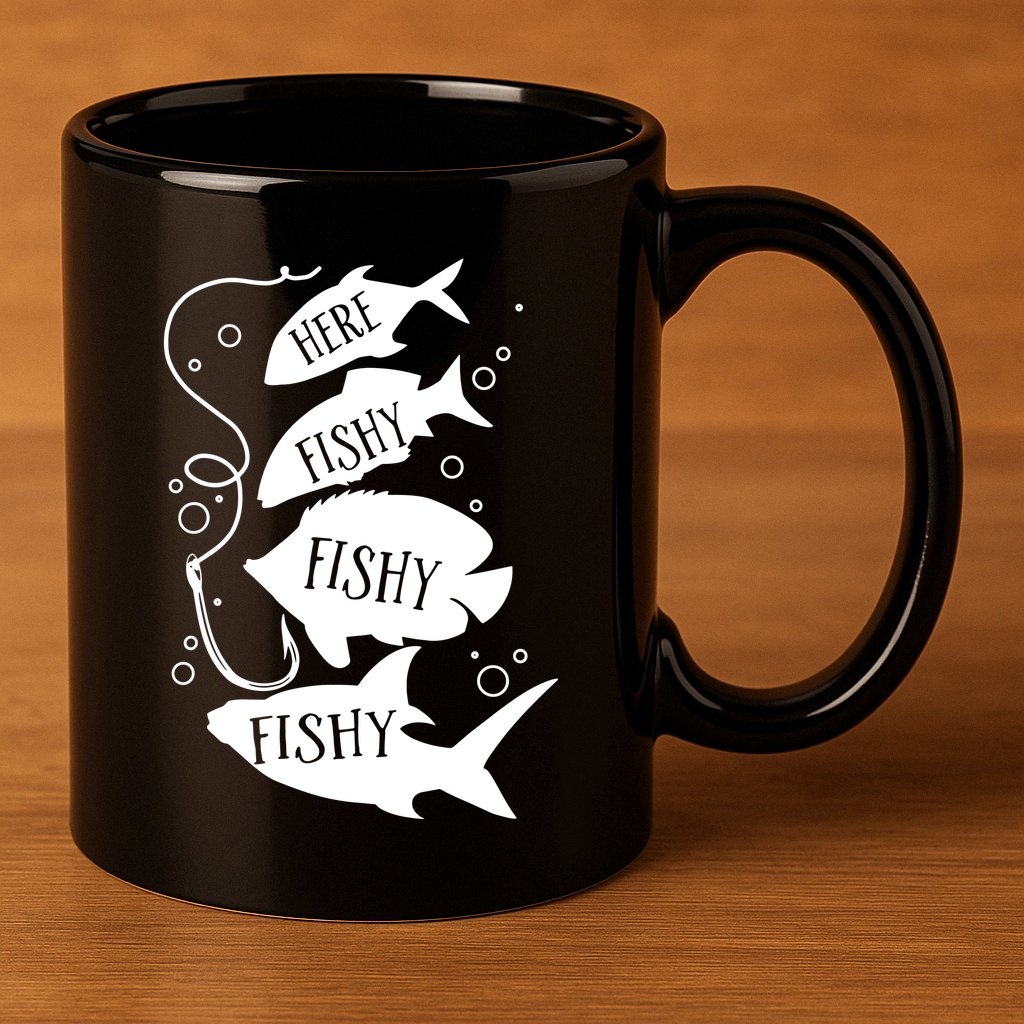 Here Fishy Fishy Fishing Lover 11oz C Handle Ceramic Mug