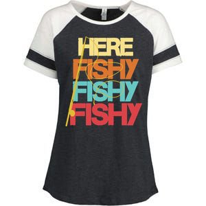 Here Fishy Fisher Fishing Rod Fish Fishing Funny Saying Gift Enza Ladies Jersey Colorblock Tee