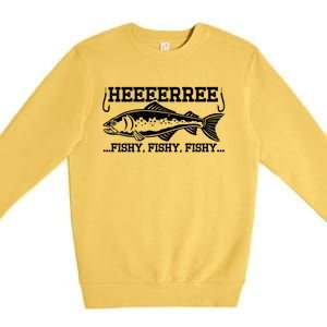 Here Fishy Funny Fisher Dad Bass Fishing Lover Gift Premium Crewneck Sweatshirt