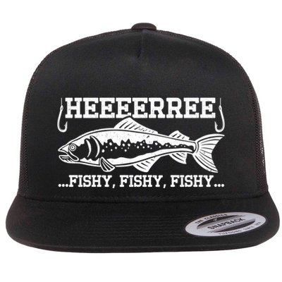 Here Fishy Funny Fisher Dad Bass Fishing Lover Gift Flat Bill Trucker Hat