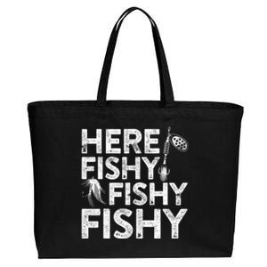 Here Fishy Fishy Fishy Fishing Fisherman Funny Quote Cotton Canvas Jumbo Tote