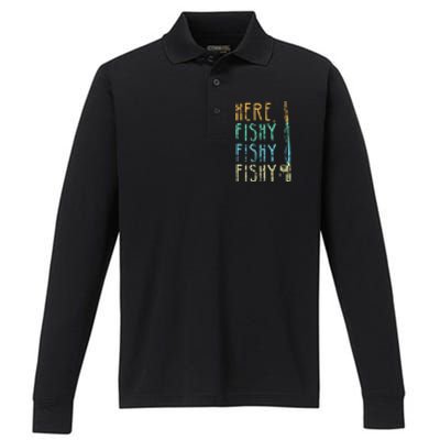 Here Fishy Fishy Fishing Lover Tee Fishermans Gift Performance Long Sleeve Polo