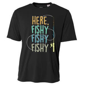 Here Fishy Fisherman Fishing Rod Fish Fishing Saying Angler Cooling Performance Crew T-Shirt