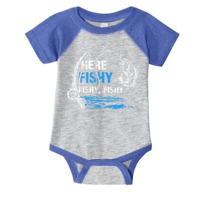 Here Fishy Funny Fishing Fisher Fish Graphic Gift Infant Baby Jersey Bodysuit
