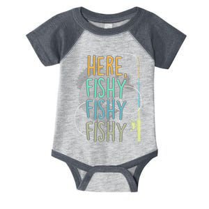 Here Fishy Fisherman Fishing Rod Fish Fishing Saying Angler Infant Baby Jersey Bodysuit