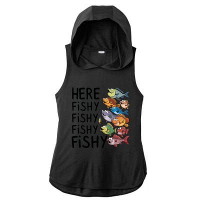 Here Fishy Fisherman Fishing Rod Fish Fishing Saying Angler Ladies PosiCharge Tri-Blend Wicking Draft Hoodie Tank