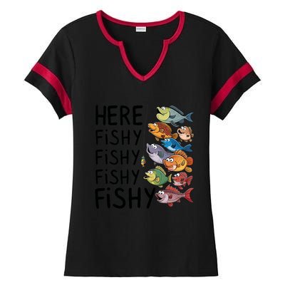 Here Fishy Fisherman Fishing Rod Fish Fishing Saying Angler Ladies Halftime Notch Neck Tee