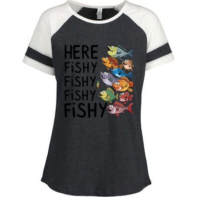 Here Fishy Fisherman Fishing Rod Fish Fishing Saying Angler Enza Ladies Jersey Colorblock Tee