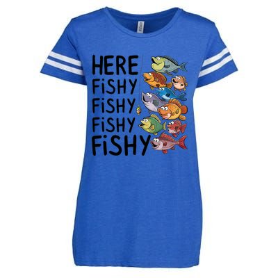 Here Fishy Fisherman Fishing Rod Fish Fishing Saying Angler Enza Ladies Jersey Football T-Shirt