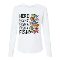 Here Fishy Fisherman Fishing Rod Fish Fishing Saying Angler Womens Cotton Relaxed Long Sleeve T-Shirt