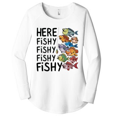 Here Fishy Fisherman Fishing Rod Fish Fishing Saying Angler Women's Perfect Tri Tunic Long Sleeve Shirt