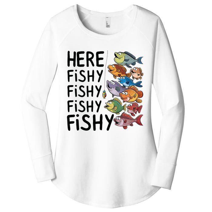 Here Fishy Fisherman Fishing Rod Fish Fishing Saying Angler Women's Perfect Tri Tunic Long Sleeve Shirt