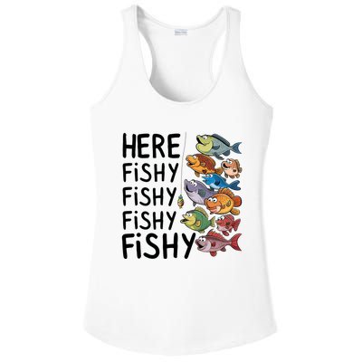 Here Fishy Fisherman Fishing Rod Fish Fishing Saying Angler Ladies PosiCharge Competitor Racerback Tank