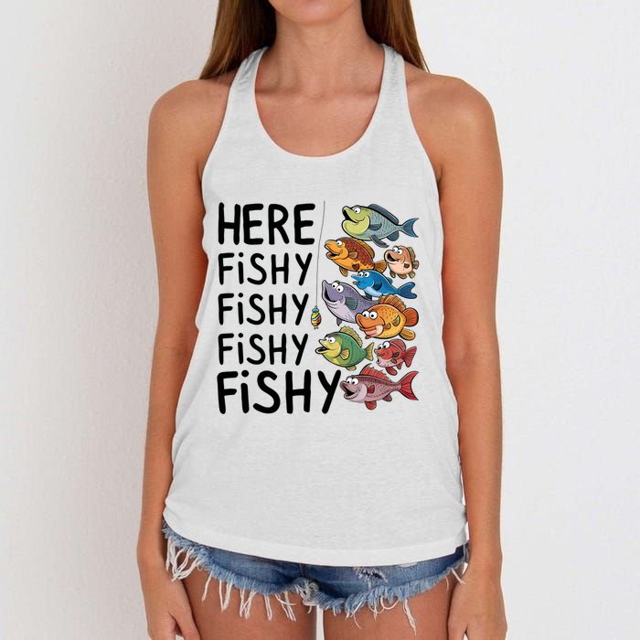 Here Fishy Fisherman Fishing Rod Fish Fishing Saying Angler Women's Knotted Racerback Tank