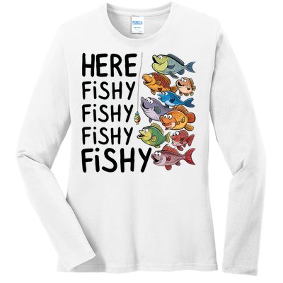 Here Fishy Fisherman Fishing Rod Fish Fishing Saying Angler Ladies Long Sleeve Shirt