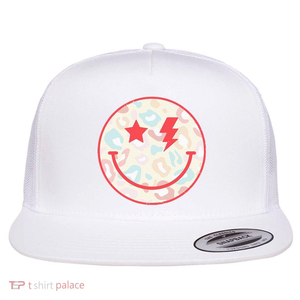 Happy Face Floral Preppy Aesthetic Smiling Face Flat Bill Trucker Hat