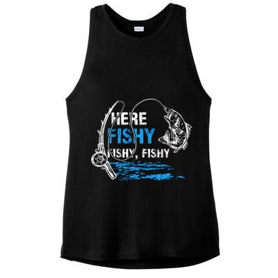 Here Fishy Funny Fishing Fisher Fish Graphic Gift Ladies PosiCharge Tri-Blend Wicking Tank