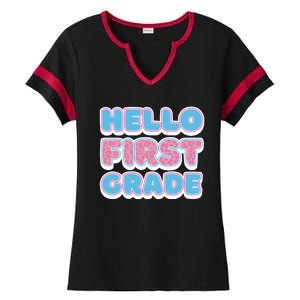 Hello First Grade Back To School Ladies Halftime Notch Neck Tee