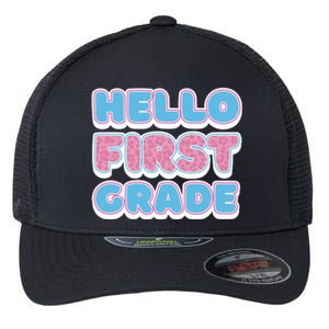 Hello First Grade Back To School Flexfit Unipanel Trucker Cap