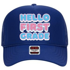 Hello First Grade Back To School High Crown Mesh Back Trucker Hat