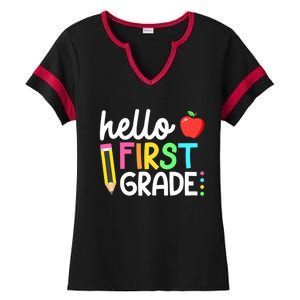 Hello First Grade Team 1st Grade Back To School Teacher Ladies Halftime Notch Neck Tee