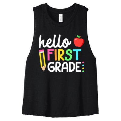 Hello First Grade Team 1st Grade Back To School Teacher Women's Racerback Cropped Tank