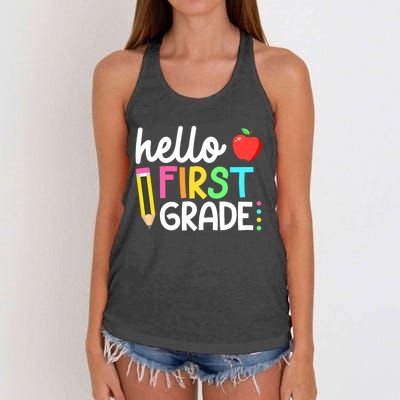 Hello First Grade Team 1st Grade Back To School Teacher Women's Knotted Racerback Tank