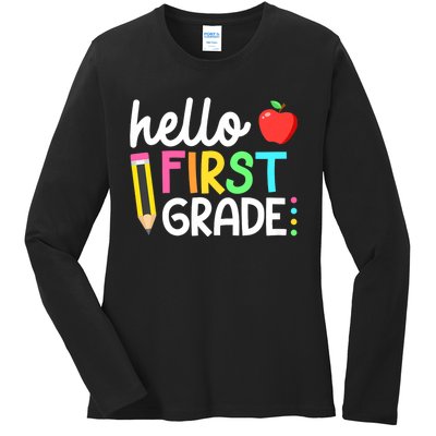 Hello First Grade Team 1st Grade Back To School Teacher Ladies Long Sleeve Shirt