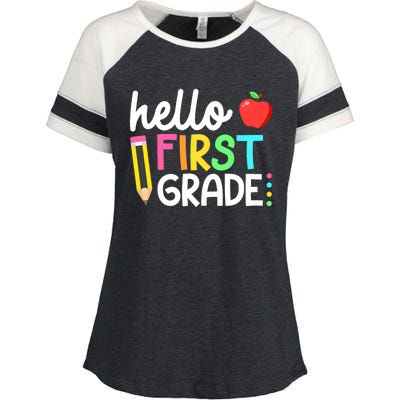 Hello First Grade Team 1st Grade Back To School Teacher Enza Ladies Jersey Colorblock Tee