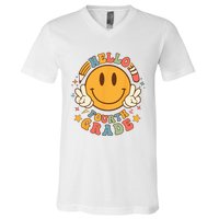 Hello Fourth Grade Back To School Groovy Teacher Student V-Neck T-Shirt