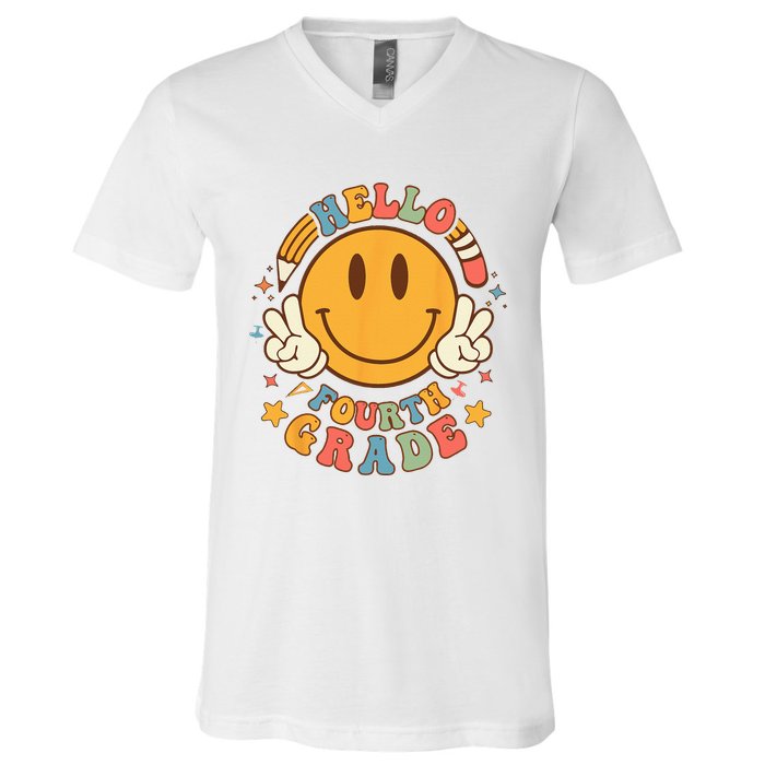 Hello Fourth Grade Back To School Groovy Teacher Student V-Neck T-Shirt