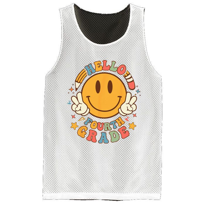 Hello Fourth Grade Back To School Groovy Teacher Student Mesh Reversible Basketball Jersey Tank