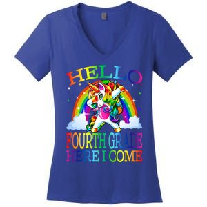 Hello Fourth Grade Here I Come Back To School Unicorn Funny Gift Women's V-Neck T-Shirt