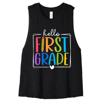 Hello First Grade Team 1st Grade Back To School Teacher Women's Racerback Cropped Tank