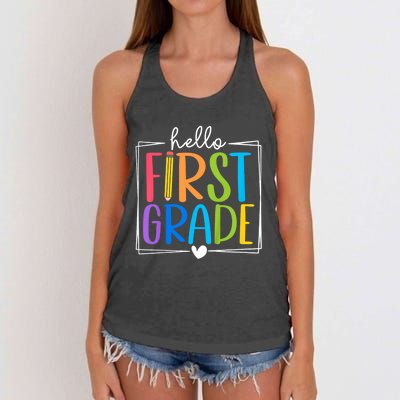 Hello First Grade Team 1st Grade Back To School Teacher Women's Knotted Racerback Tank