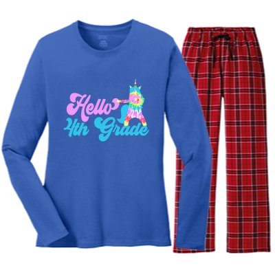 Hello Fourth Grade Outfit Tie Dye Dabbing Unicorn 4Th Gift Women's Long Sleeve Flannel Pajama Set 