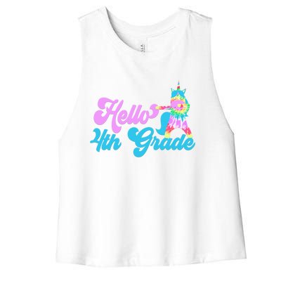 Hello Fourth Grade Outfit Tie Dye Dabbing Unicorn 4Th Gift Women's Racerback Cropped Tank