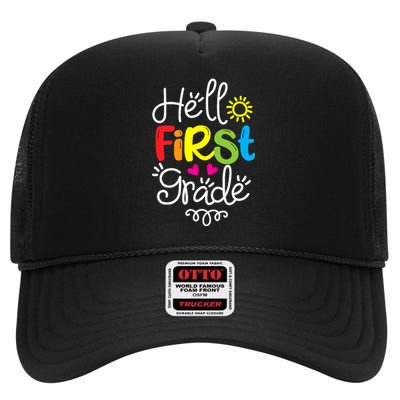 Hello First Grade Fun 1st Grade Back to School Gift High Crown Mesh Back Trucker Hat