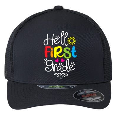 Hello First Grade Fun 1st Grade Back to School Gift Flexfit Unipanel Trucker Cap