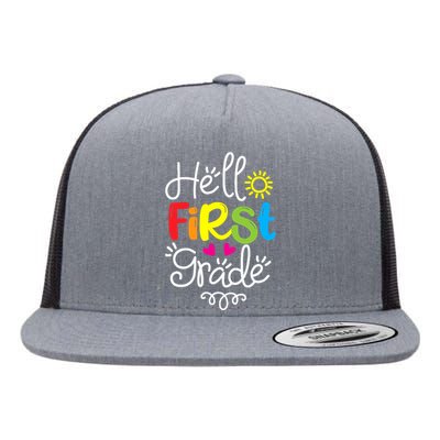 Hello First Grade Fun 1st Grade Back to School Gift Flat Bill Trucker Hat