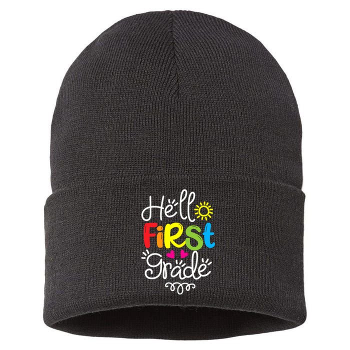 Hello First Grade Fun 1st Grade Back to School Gift Sustainable Knit Beanie