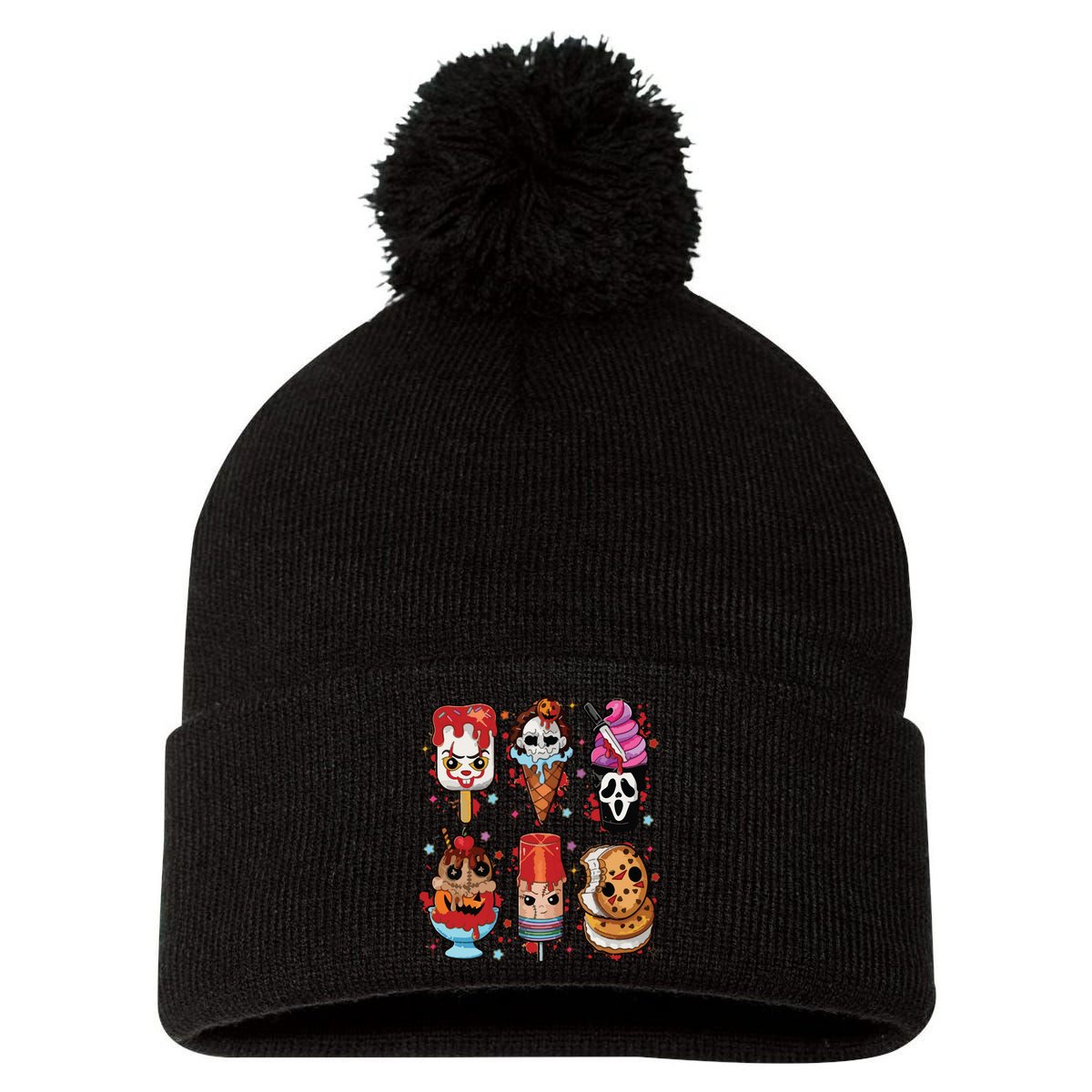 Horror Fan Gift Horror Ice Cream Dripping Ice Cream Pom Pom 12in Knit Beanie