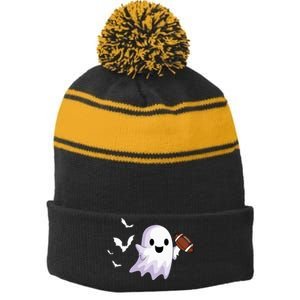 Halloween Football Ghost Playing All Hallows Day Stripe Pom Pom Beanie