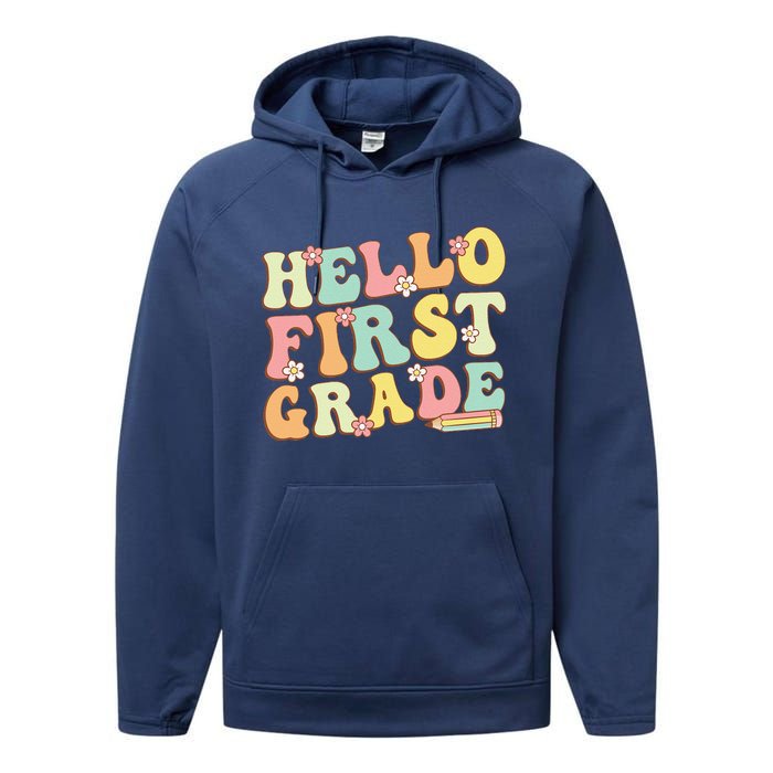 Hello First Grade Team 1st Grade Teacher Girl Back To School Performance Fleece Hoodie