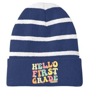 Hello First Grade Team 1st Grade Teacher Girl Back To School Striped Beanie with Solid Band