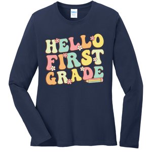 Hello First Grade Team 1st Grade Teacher Girl Back To School Ladies Long Sleeve Shirt