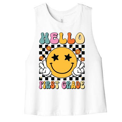 Hello First Grade Team 1st Grade Teacher Girl Back To School Women's Racerback Cropped Tank