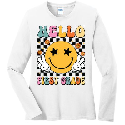 Hello First Grade Team 1st Grade Teacher Girl Back To School Ladies Long Sleeve Shirt